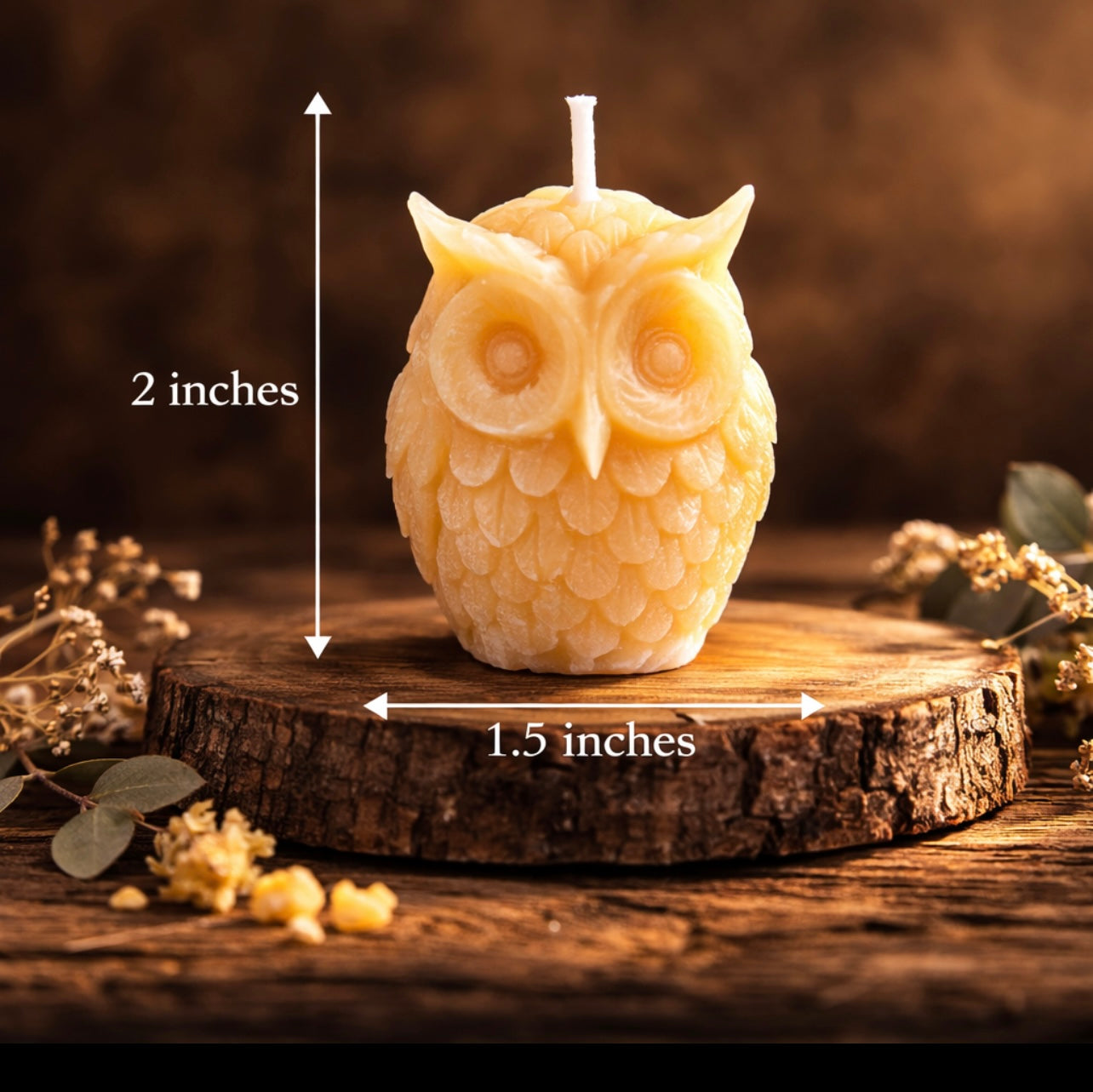 ‘Little Owl’ Pure Beeswax Candle with base