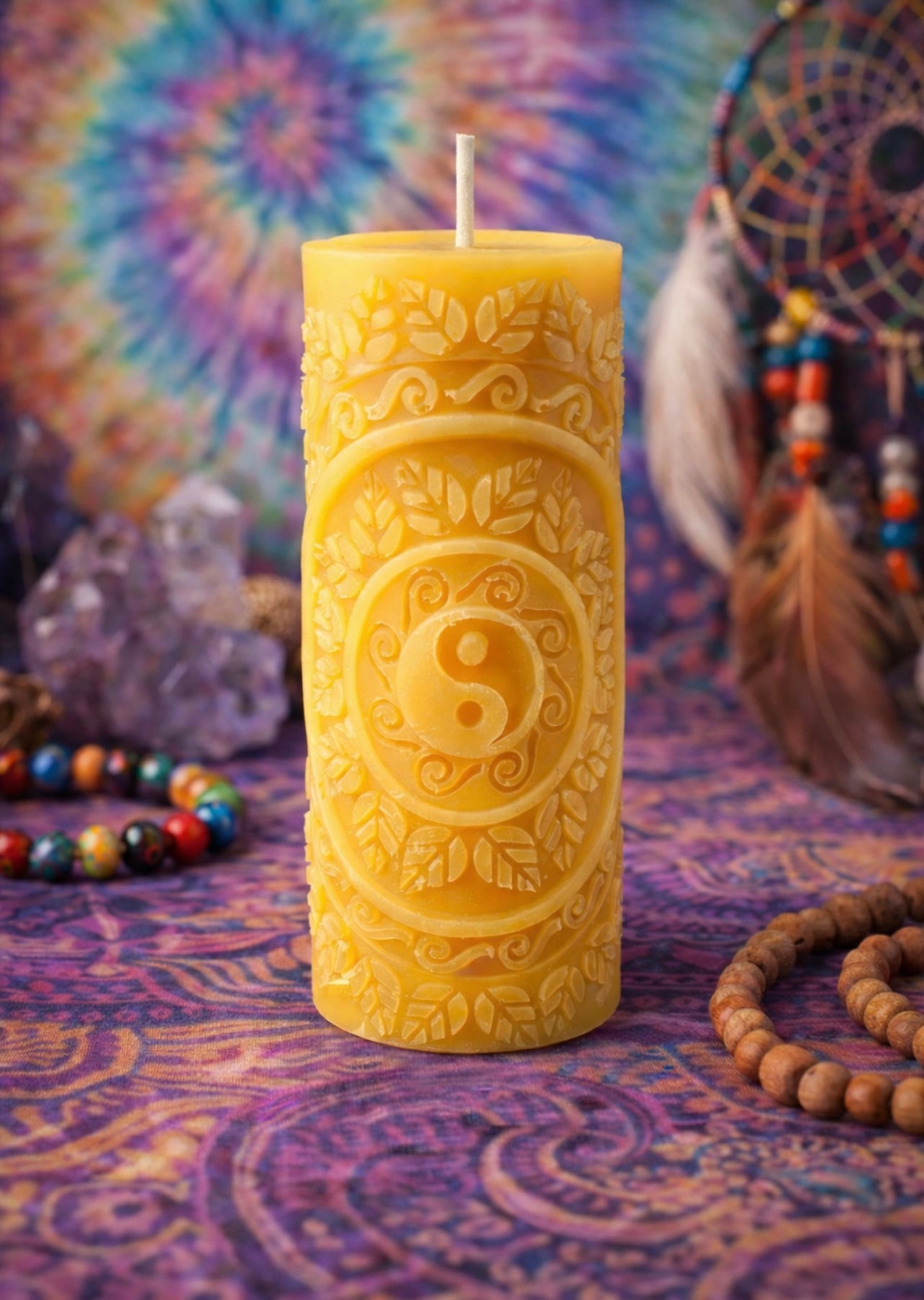 ‘Large Yin Yang Mandala’ Pure Beeswax Candle with base