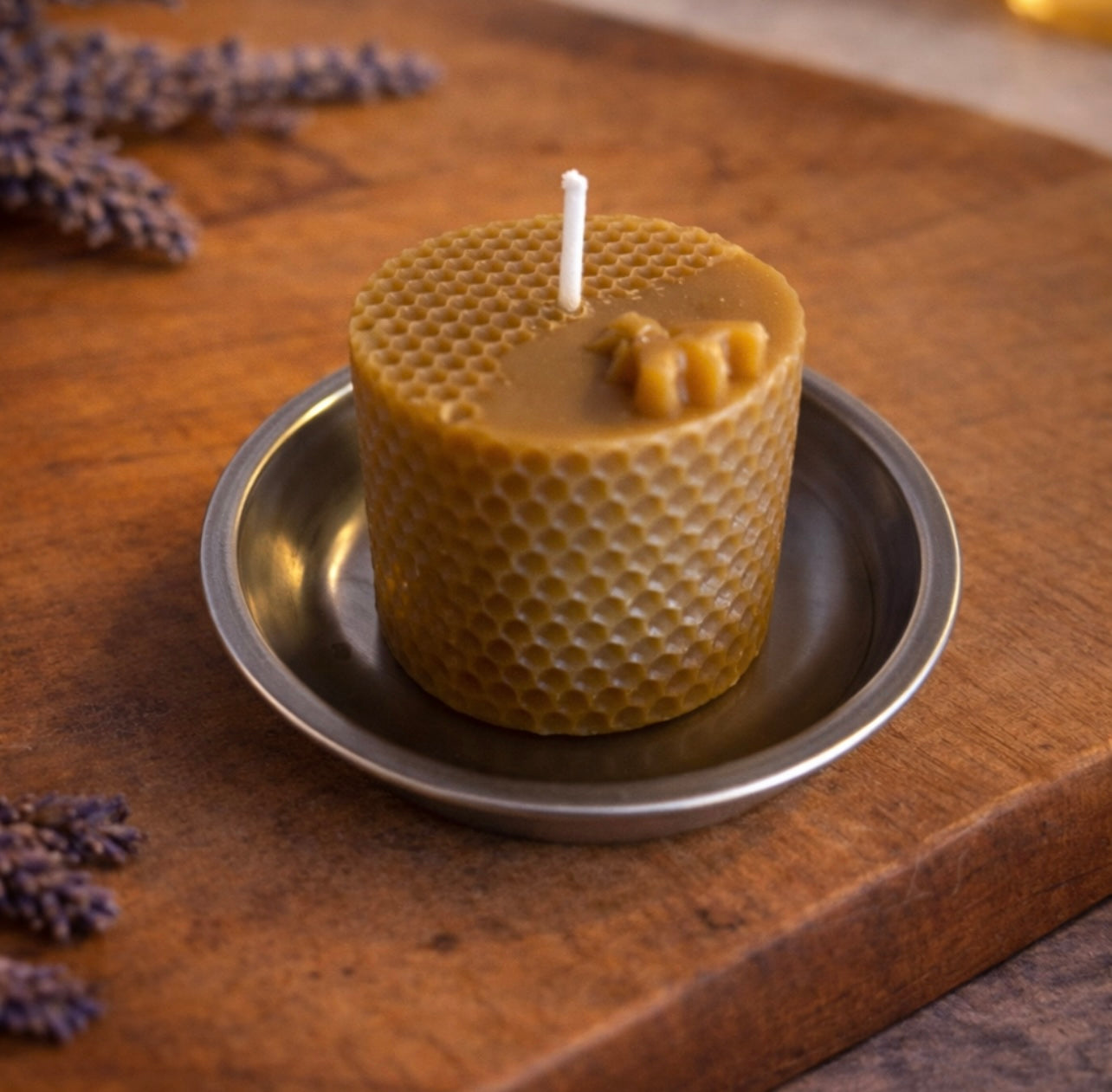 ‘Beeswax and Bee’ Pure Beeswax Candle with base