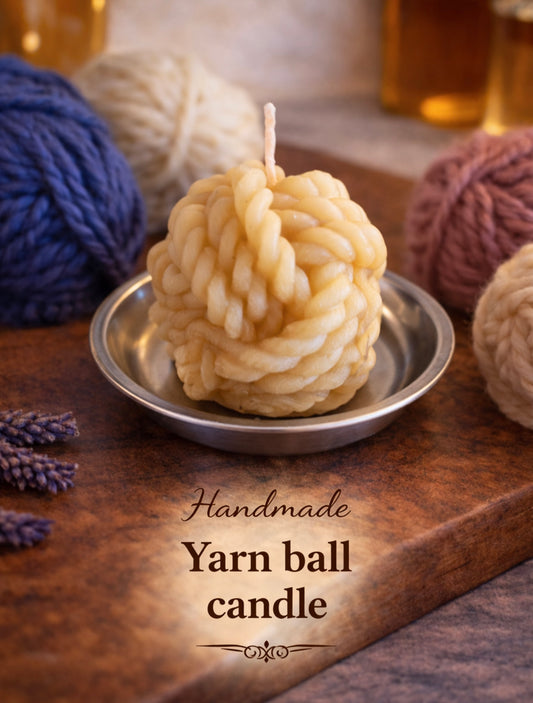 ‘Knitting Ball’ Pure Beeswax Candle with base